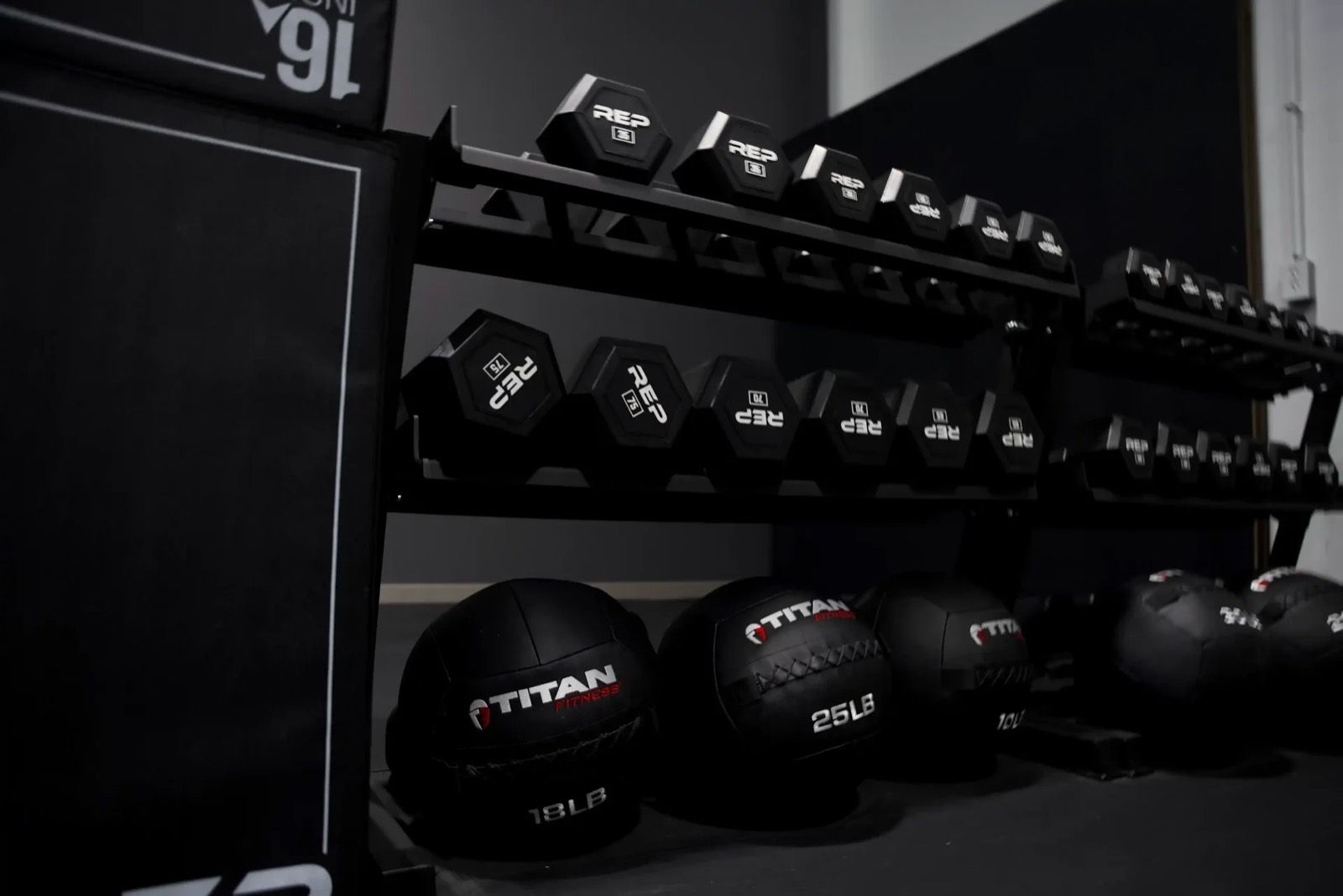 Dumbbells and medicine balls in the gym